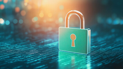 Glowing green lock symbol stands out against digital background, representing cybersecurity and data protection. futuristic design conveys sense of security and innovation