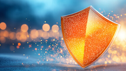Glowing orange shield with sparkling surface floats against blurred blue background, creating sense of security and protection. scene is illuminated with warm bokeh lights