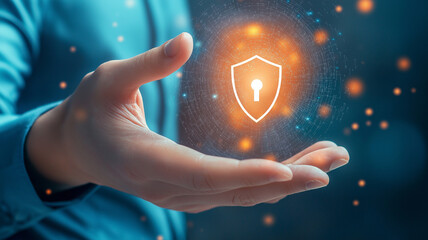 Hand gracefully holds glowing holographic security icon, symbolizing digital protection and innovation. vibrant colors and futuristic design evoke sense of trust and technological advancement