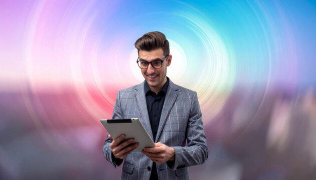 A stylish man in a blazer with a surprised expression looks down at a tablet he is holding.