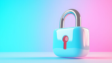 Minimalist floating lock icon with glossy finish is set against vibrant gradient background of pink and blue, creating modern and secure aesthetic