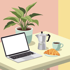 Cozy home office or remote work setup featuring a laptop with a blank screen, fresh coffee, a croissant, and a houseplant
