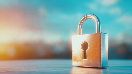 Glowing lock icon floats in futuristic setting, symbolizing security and protection. minimalist design and vibrant colors create modern and secure atmosphere