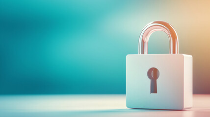 Minimalist floating lock icon in clean white design against blurred blue background, symbolizing security and protection. soft lighting adds serene touch