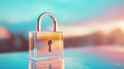 Transparent lock icon glows softly against futuristic, colorful background, symbolizing security and innovation. minimalist design evokes sense of modernity and trust