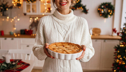 A woman in a cozy white turtleneck holds a freshly baked pie in a kitchen brightly decorated for the Christmas holidays.