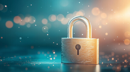 Luminous blue and gold padlock stands out against bokeh background, symbolizing security and elegance. minimalist design and holographic effect create modern, futuristic feel