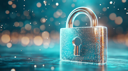 Luminous blue holographic padlock glows in minimalist style, surrounded by sparkling bokeh lights, creating futuristic and secure atmosphere