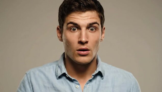 Shocked young man gasping in disbelief with hand over mouth expresses strong emotion in viral reaction video, surprise and astonishment on display