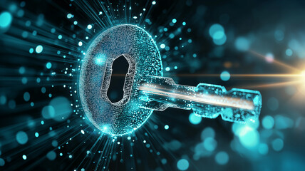 Glowing digital key and keyhole hologram shines with cyan and blue light, symbolizing security and technology. futuristic design evokes sense of innovation and digital advancement