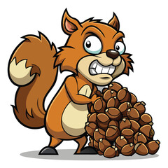 Fototapeta premium A comical cartoon squirrel displays intense emotion, guarding a substantial hoard of acorns. Its aggressive stance and facial expression convey a strong sense of possessiveness over its winter stash.