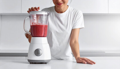 A woman in a white t-shirt operates a blender filled with a red smoothie in a minimalist white kitchen.