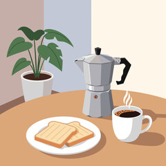 Breakfast at Home Coffee, Toast, and a Potted Plant on a Wooden Table - Simple Morning Scene
