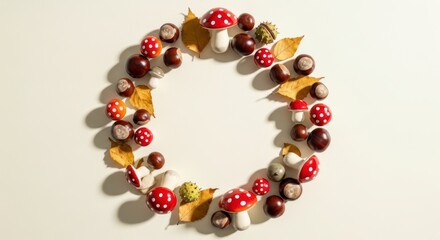 Obraz premium Autumnal Wreath of Mushrooms, Chestnuts, and Leaves on White Background.