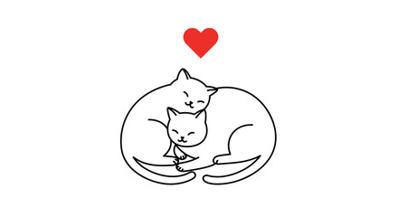 Two cats are sleeping in an embrace, and above them is a heart in a minimalist style.