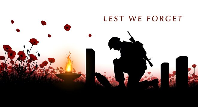 Remembrance day soldier kneeling among poppies lest we forget memorial
