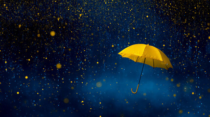 A yellow umbrella floating in the air, surrounded by stars and raindrops