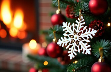 Festive christmas tree with snowflake ornament and red baubles by cozy fireplace