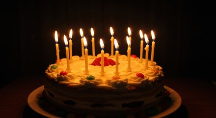 Celebration action birthday cake with candles home setting food warm atmosphere view joyful concept