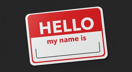 Blank red introduction name tag with 'Hello my name is' text for meetings and events, symbolizing identity and networking