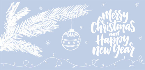 The Christmas card is drawn by hand in monochrome white and blue colors. Winter decorative elements for Christmas design, prints, posters
