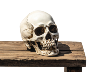 Creepy Halloween Skull on Rustic Wooden Board, Front View, isolated on white