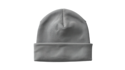 A textured gray beanie hat with a ribbed band, isolated on transparent background