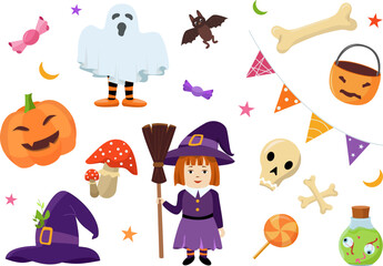 Halloween set with witch, ghost, pumpkin, bat, skull, bones, broom, hat, bunting, candies, potion and mushrooms. Party mood. For invitations, cards, posters, stickers and decor.