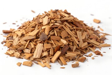 Close-up pile of natural cedar wood chips mulch on a white background