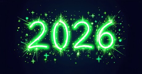 Bright neon digits display year 2026. Sparkles surround numbers, creating festive, celebratory mood. Dark background enhances glow.