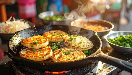 Thai Khanom Krok Coconut Pancakes cooked in cast iron pan