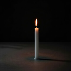 A solitary white candle burns brightly, its flame casting a warm glow in the darkness, a symbol of hope and remembrance against a black background in soft light .