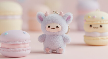 Adorable kawaii plush monster keychain surrounded by pastel macarons on a pink surface
