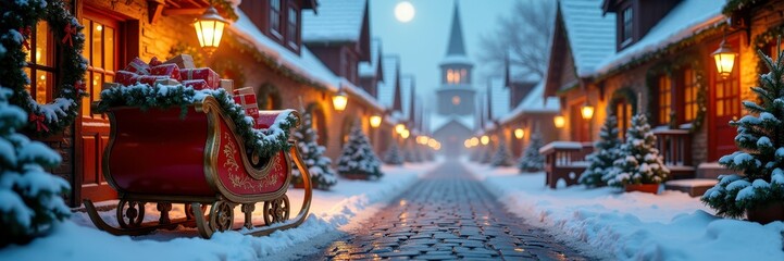 Festive winter wonderland with decorated sleigh and snowy village street at dusk