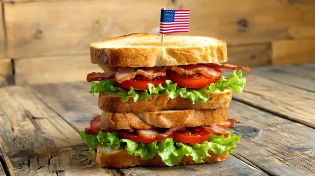 Cinematic orbit shot of a stacked BLT sandwich with crispy bacon, fresh lettuce and juicy tomatoes on rustic wooden table with small American flag, professional food video for advertising and marketin