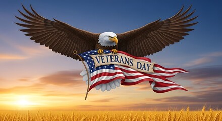 Majestic bald eagle soars high carrying american flag honoring veterans day patriotism