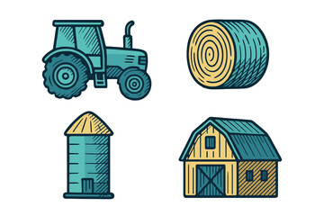 Various farm elements including a tractor, hay bale, silo, and barn in a simple illustration style © Mark