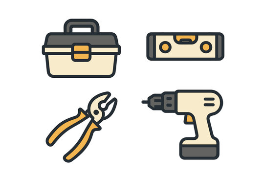 Tools and equipment for home repair and renovation projects displayed on a flat surface