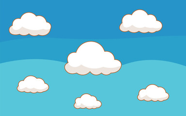 Fluffy white clouds in a blue sky. Cheerful cartoon-style illustration ideal for whimsical backgrounds, children’s projects, presentations, digital media, banners, and playful design elements.
