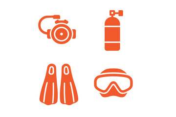 Essential scuba diving gear including regulator, tank, fins, and mask for underwater exploration
