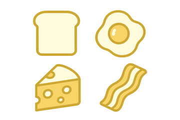Breakfast ingredients featuring toast, cheese, bacon, and fried egg on a light background