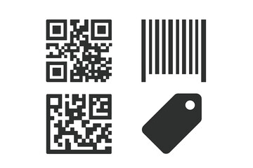 Different types of codes including QR codes, barcodes, and price tags displayed on a simple white background