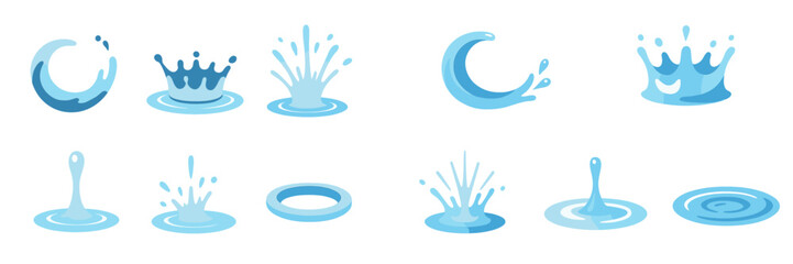 Various water splash designs showcasing different shapes and movements in shades of blue