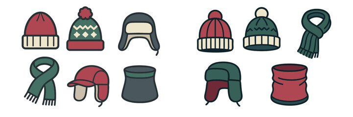 Various winter hats and accessories displayed in a colorful design for cold weather fashion