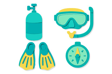 Diving equipment including snorkel, fins, compass, and tank in bright colors for underwater adventures