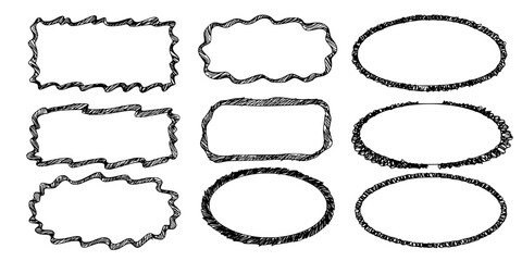 Wavy edge shapes frame box vector illustration isolated on white. Squiggle curve doodle rectangle and oval sketch.

