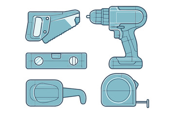 Various tools including a drill, saw, and measuring tape displayed on a clean background