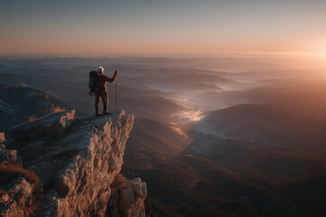 Fototapeta premium Senior Male Hiker Standing Victoriously on Mountain Cliff Edge Overlooking Misty Valley at Sunrise or Sunset