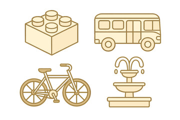 Fun illustrations of a building block, bus, bicycle, and fountain showcasing playful designs