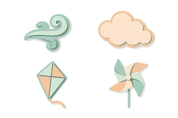 Colorful paper shapes of wind, cloud, kite, and pinwheel arranged on a plain background for creative design projects